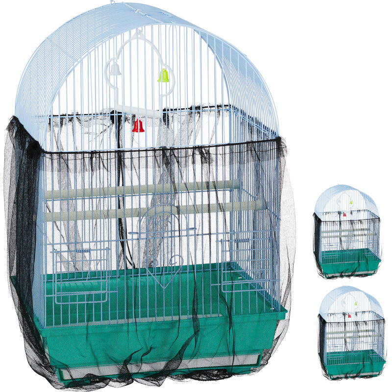 foto del prodotto set 3 coperture per gabbia per uccelli, rete di protezione gabbietta, raccogli semi, 2 m circonferenza, nero relaxdays