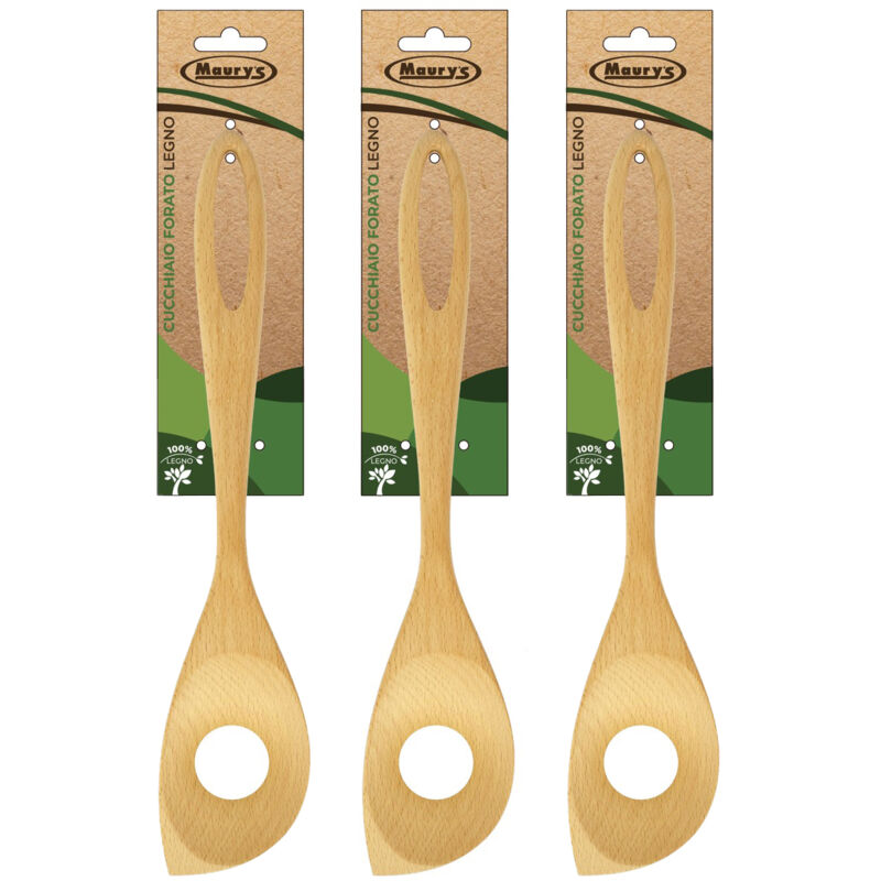 foto del prodotto set 3 cucchiai forati in legno maury s