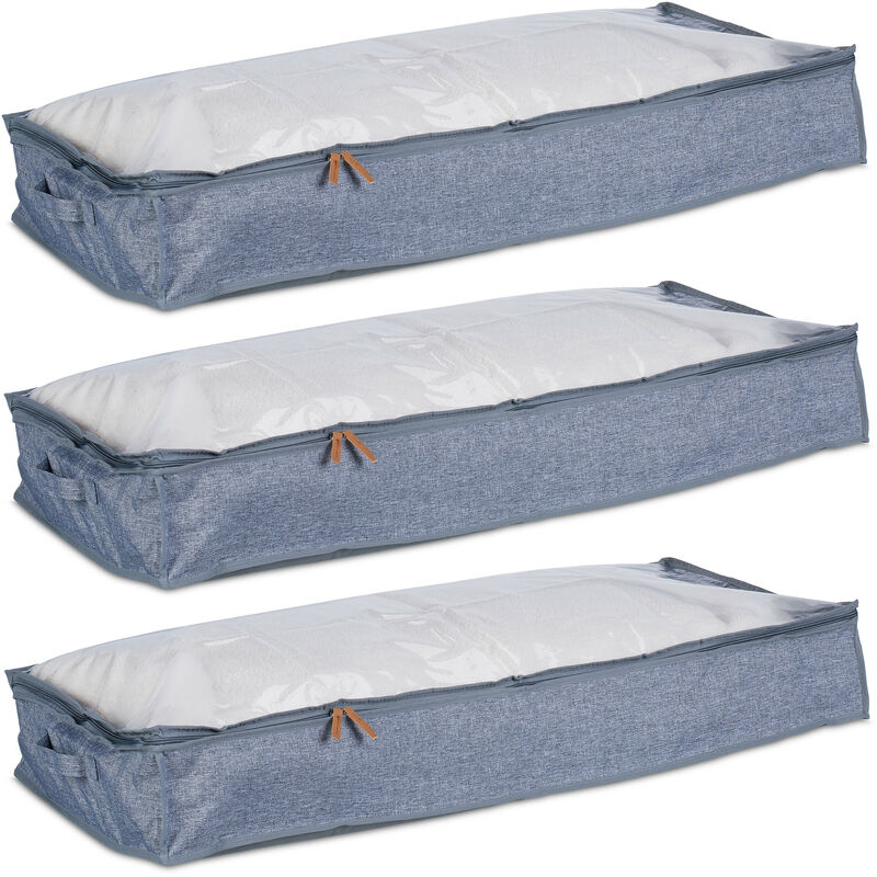 foto del prodotto set 3 custodie sottoletto, organizer sotto letto, contenitori coperte, stoffa, 14x100x45 cm grigio trasparente relaxdays