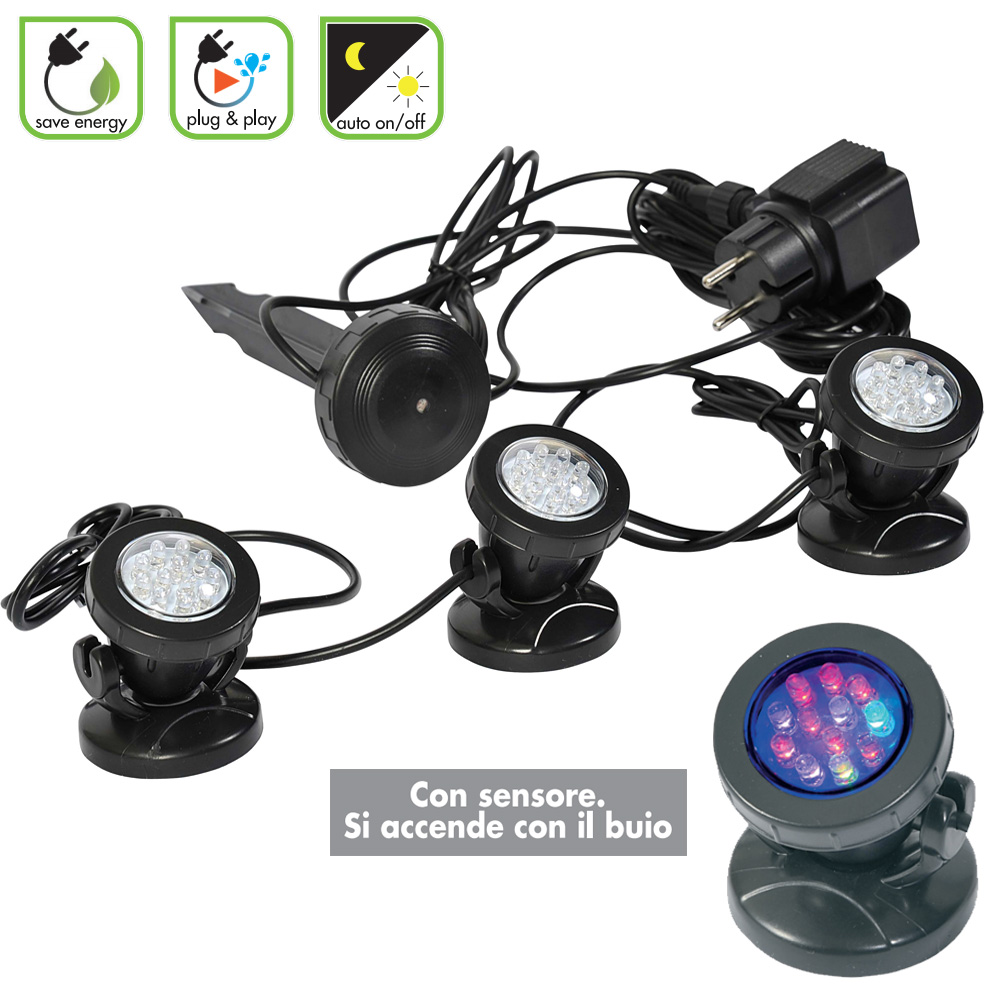foto del prodotto set 3 faretti per laghetto con sensore di accensione sommergibili led 3000