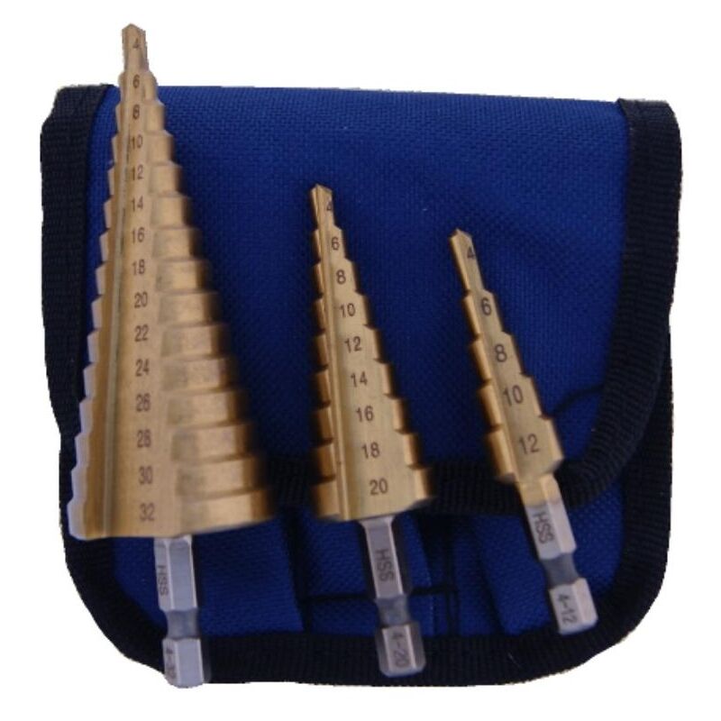 foto del prodotto set 3 frese a gradino hss attacco 1 4 4 12, 4 20, 4 32 mm