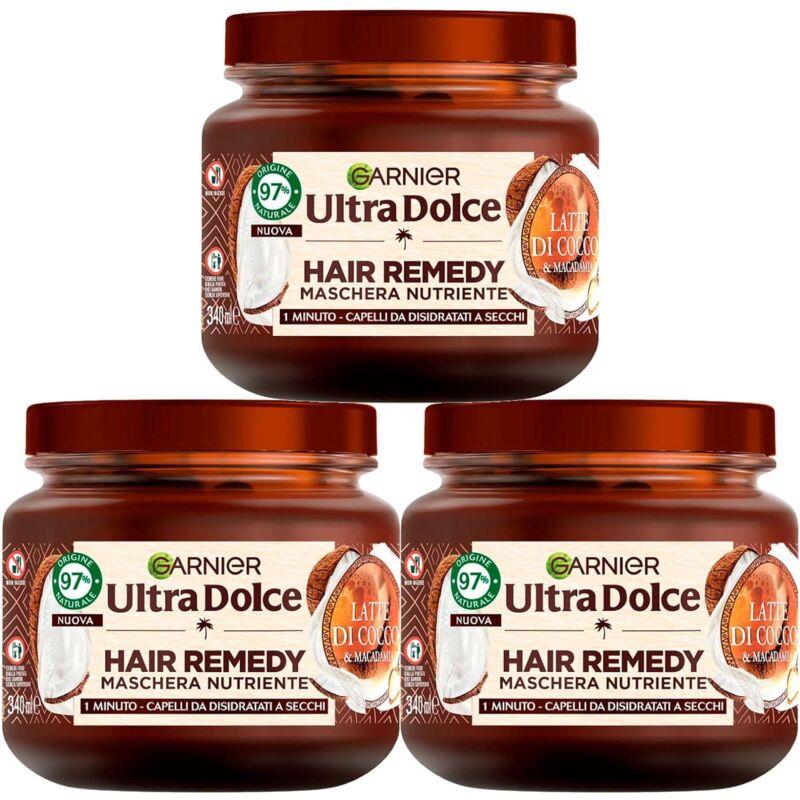 foto del prodotto set 3 garnier ultra dolce maschera capelli da disidratati a secchi azione in 1 minuto con latte di cocco e macadamia 340 ml