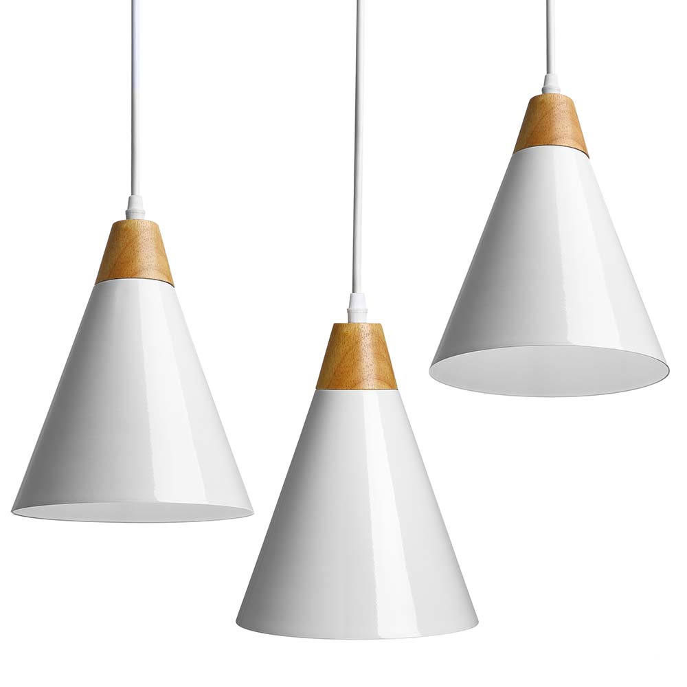 foto del prodotto set 3 lampadari sospensione moderno design lampada metallo legno bianco e27