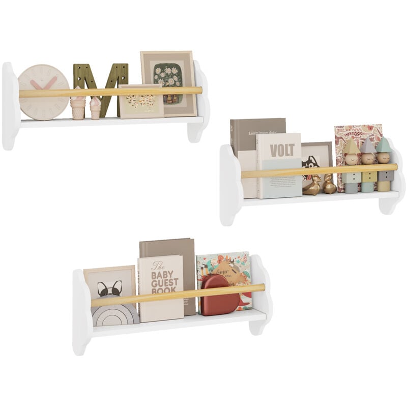 foto del prodotto set 3 libreria da parete per bambini. 3 mensole per cameretta. porta libri e giocattoli. libreria sospesa in pino e mdf. bianco woltu