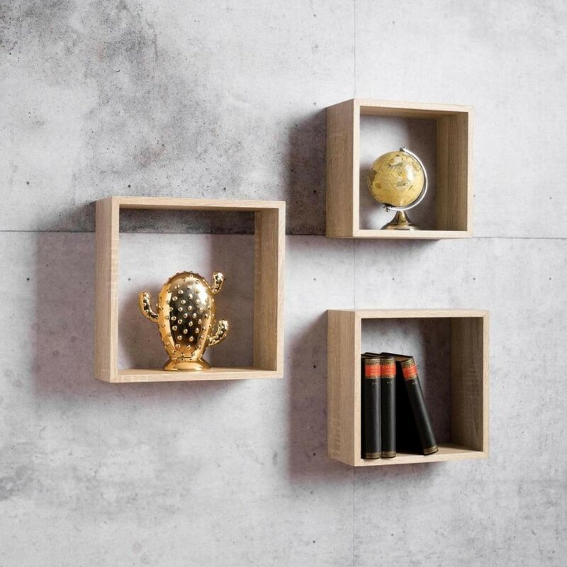 foto del prodotto set 3 mensole da parete forma cubo shelvy cub colore sonoma