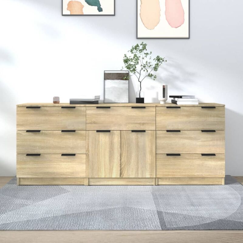 foto del prodotto set 3 mobili credenza semplici ed eleganti dotati di cassetti e ante vari colori colore marrone chiaro