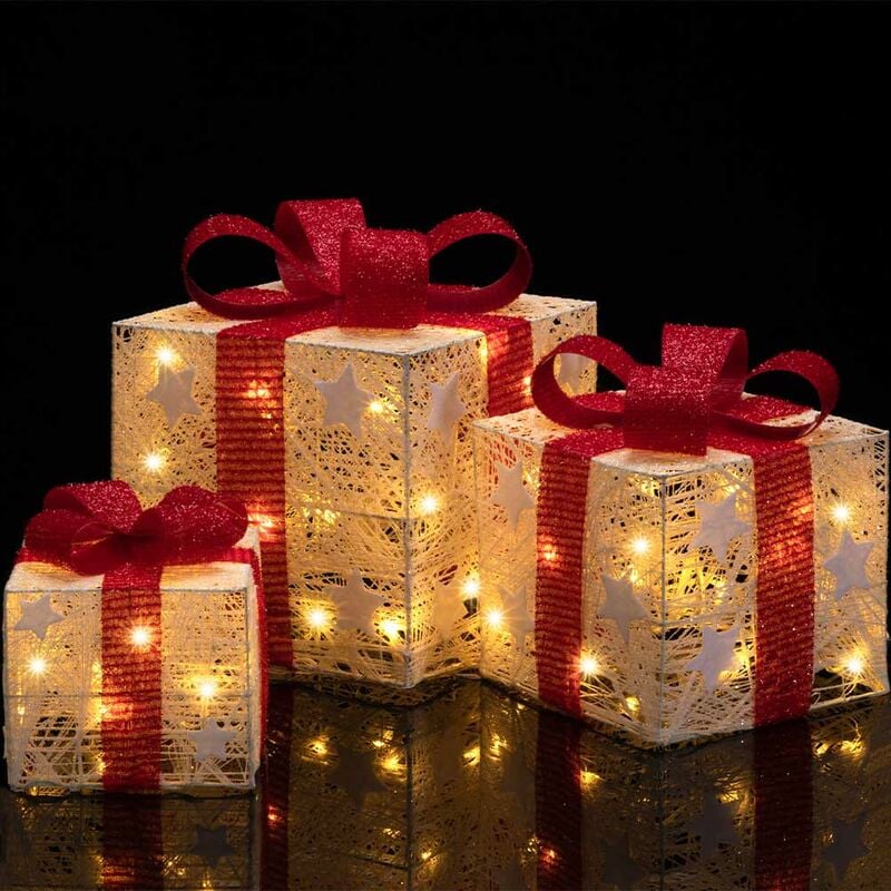 foto del prodotto set 3 pacchetti pacchi regalo luminosi di natale con stelle decorazione addobbo