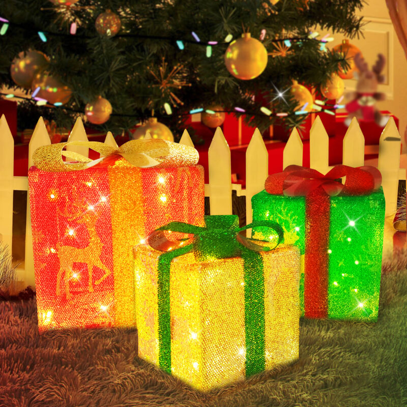 foto del prodotto set 3 pacchetti pacchi regalo luminosi di natale con stelle decorazione addobbo gbly led decorazione natalizia con 50 luci a batteria led sotto