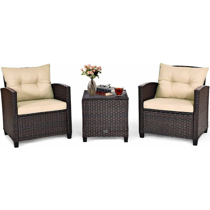 foto del prodotto set 3 pezzi da cortile, set divano in rattan con cuscino lavabile, superficie in vetro temperato, mobili per giardino piscina balcone