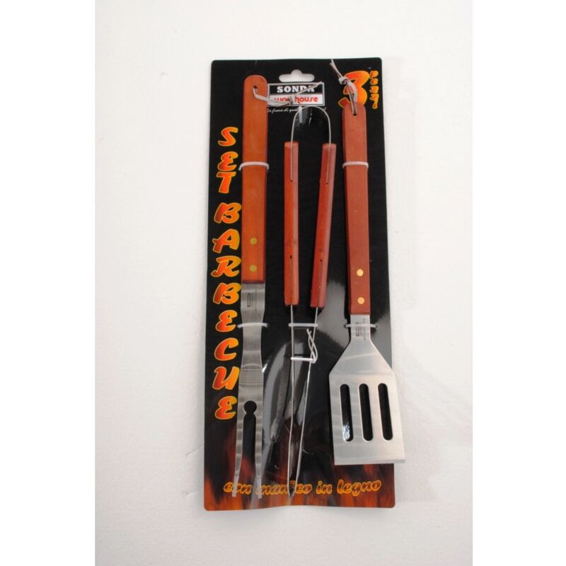 foto del prodotto set 3 pezzi per barbecue in acciaio e manico in legno