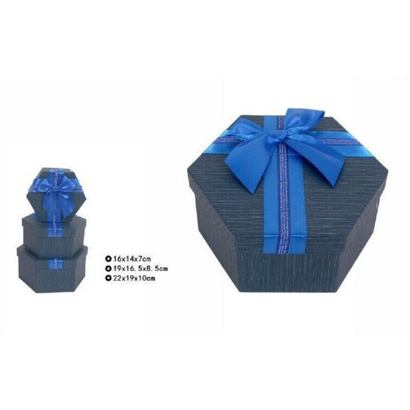 foto del prodotto set 3 pezzi scatole box per regali varie misure esagonali blu con fiocco 69352 trade shop traesio