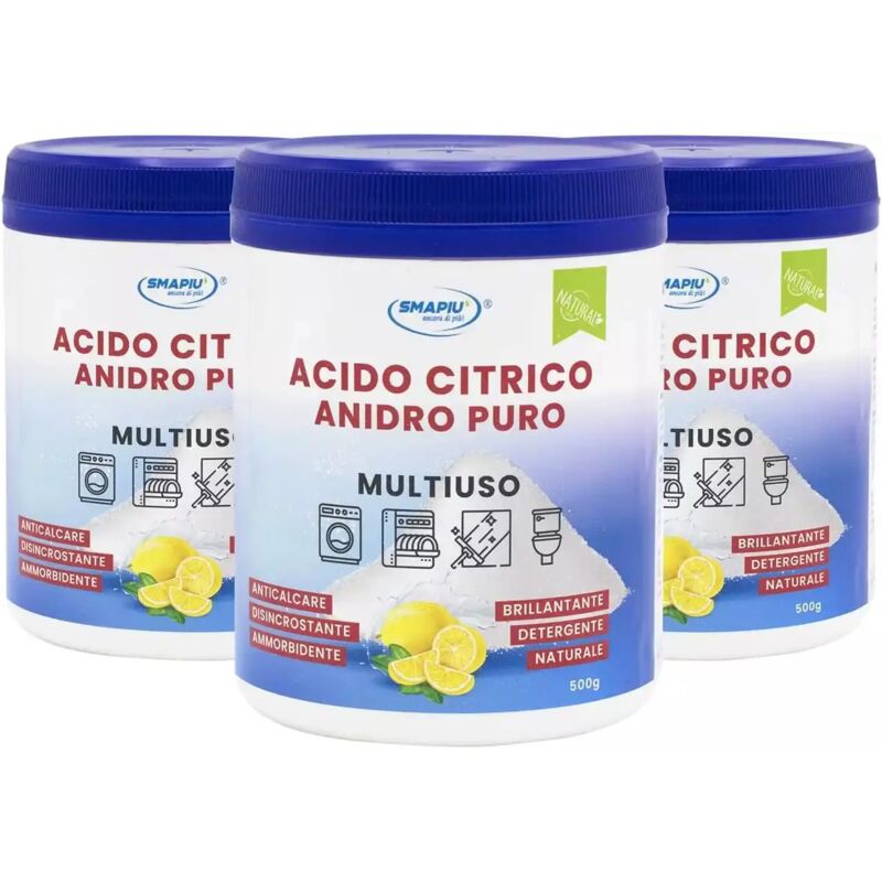 foto del prodotto set 3 pezzi smapiu acido citrico anidro puro detergente multiuso 1,5kg 3x500g 