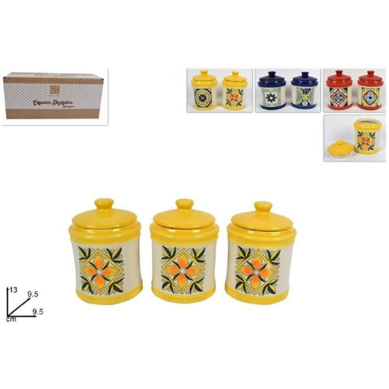 foto del prodotto set 3 pezzi tris barattoli colorati in ceramica con decoro fantasia maiolica trade shop traesio