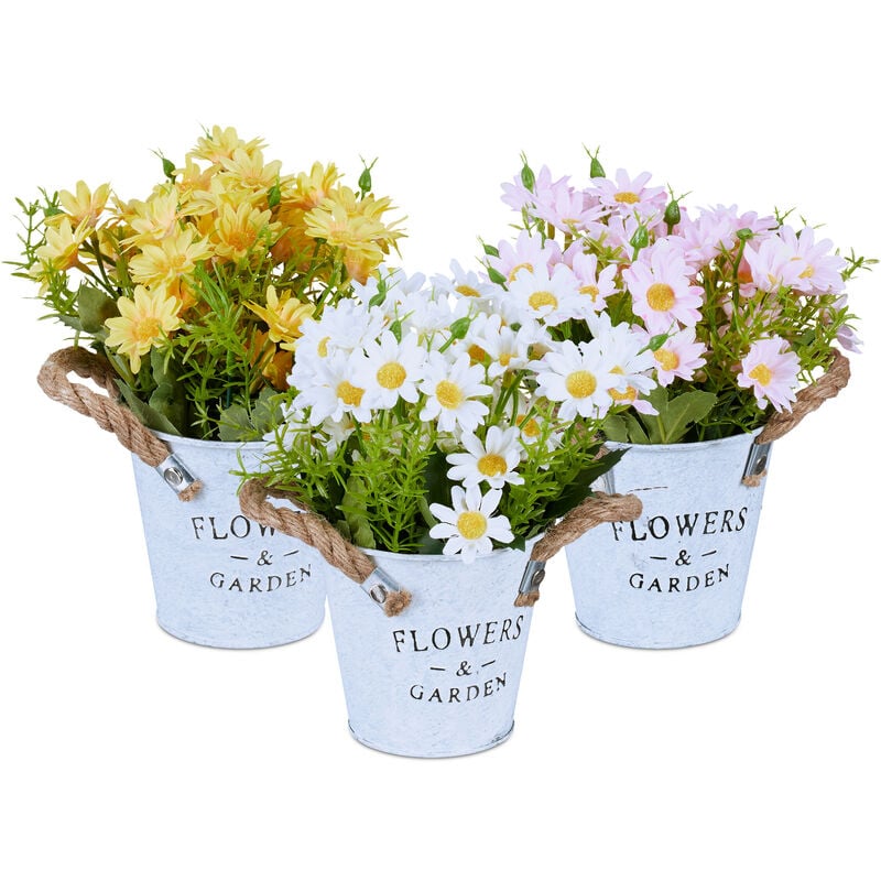 foto del prodotto set 3 piante finte da interno, piantine fiori artificiali in vaso, crisantemi hxd 20x15 cm, giallo bianco rosa relaxdays