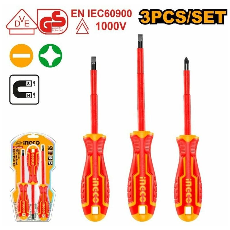 foto del prodotto set 3 pz. cacciaviti elettricista punta magnetica a croce e taglio ingco giraviti isolanti