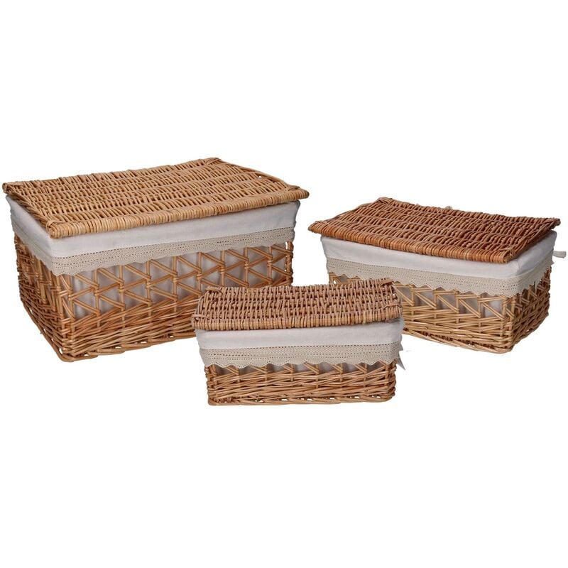 foto del prodotto set 3 scatole con coperchio rettangolari in vimini e fodera di pizzo naturale