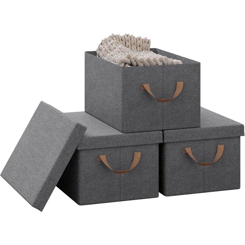 foto del prodotto set 3 scatole portaoggetti box pieghevole cestino contenitore cesta con maniglie in tessuto grigio 27l - woltu