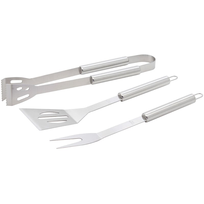 foto del prodotto set 3 utensili barbecue forchettone pinza spatola acciaio inossidabile cromato
