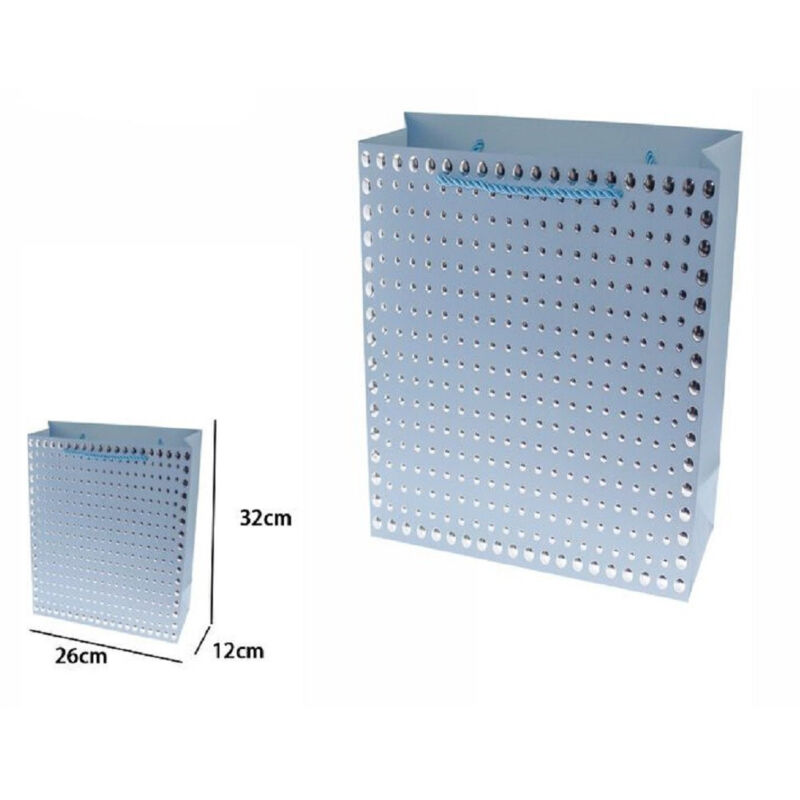 foto del prodotto set 3pz buste regalo shopper azzurra borchie maniglie cordoncino 32x26x10cm 69943 trade shop traesio