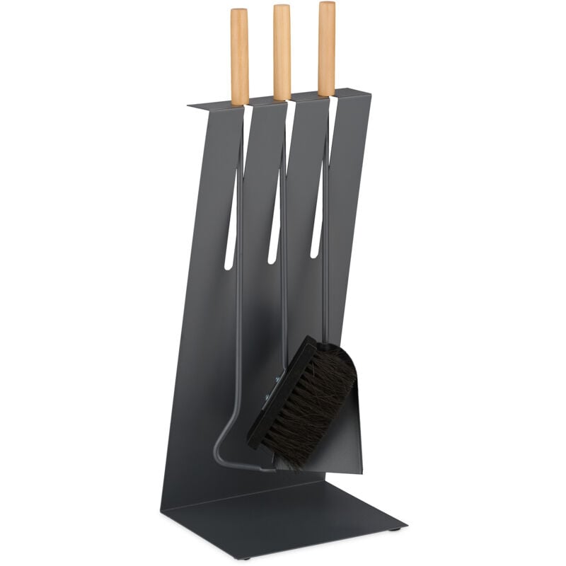 foto del prodotto set 4 attrezzi da camino, attizzatoio, paletta, scopino e supporto porta utensili stufa, ferro, legno, grigio relaxdays
