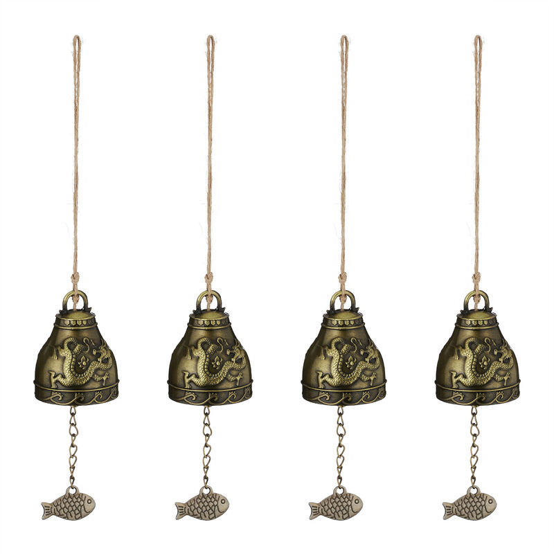foto del prodotto set 4 campane vento feng shui, campanelli acchiappasogni, scacciapensieri e relax, esterni e interni, dorato relaxdays