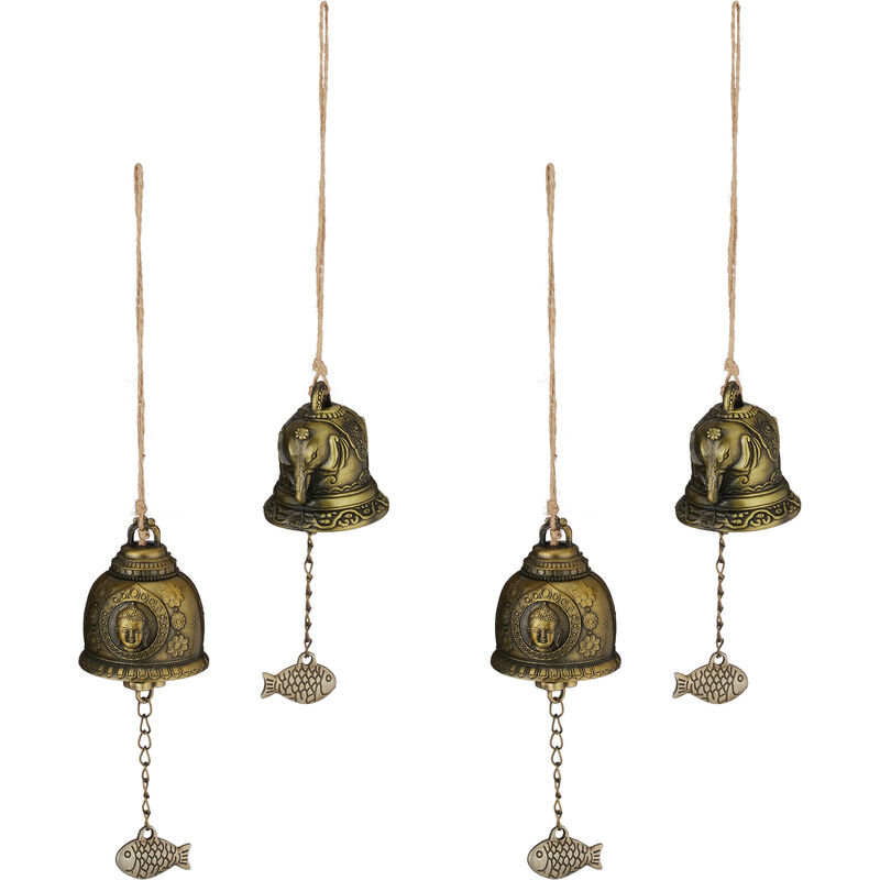foto del prodotto set 4 campane vento feng shui, campanelli acchiappasogni, scacciapensieri e relax, esterni e interni, dorato relaxdays