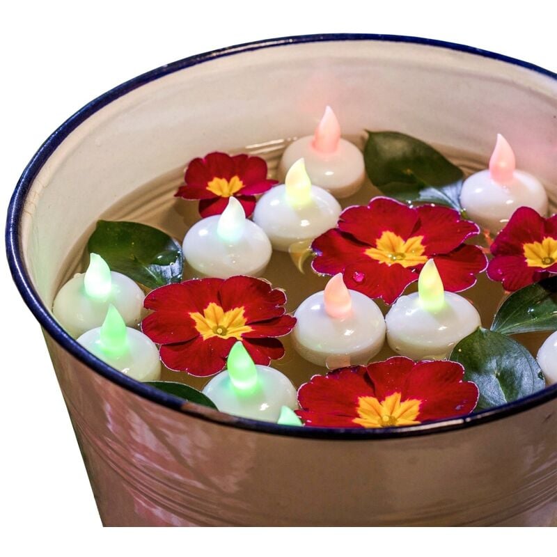 foto del prodotto set 4 candeline multicolor tea light galleggianti con led rgb e batterie incluse.