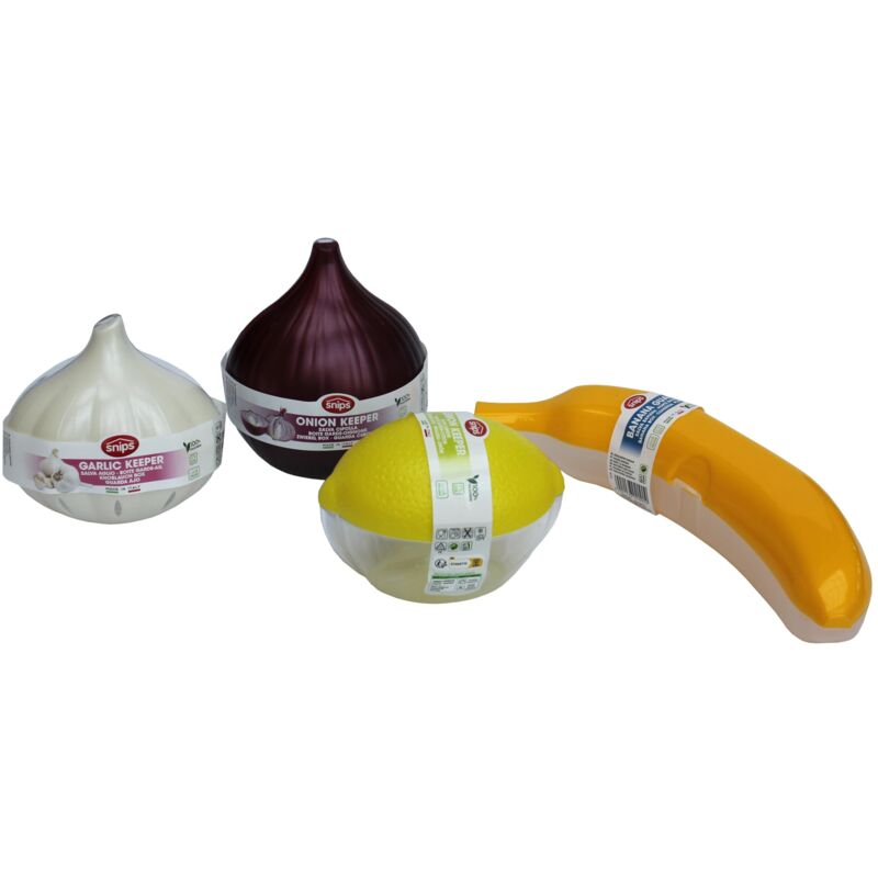 foto del prodotto set 4 contenitori frigo salva freschezza, contenitori per alimenti, salva limone, salva cipolla, salva aglio e salva banana, made in italy, bpa free