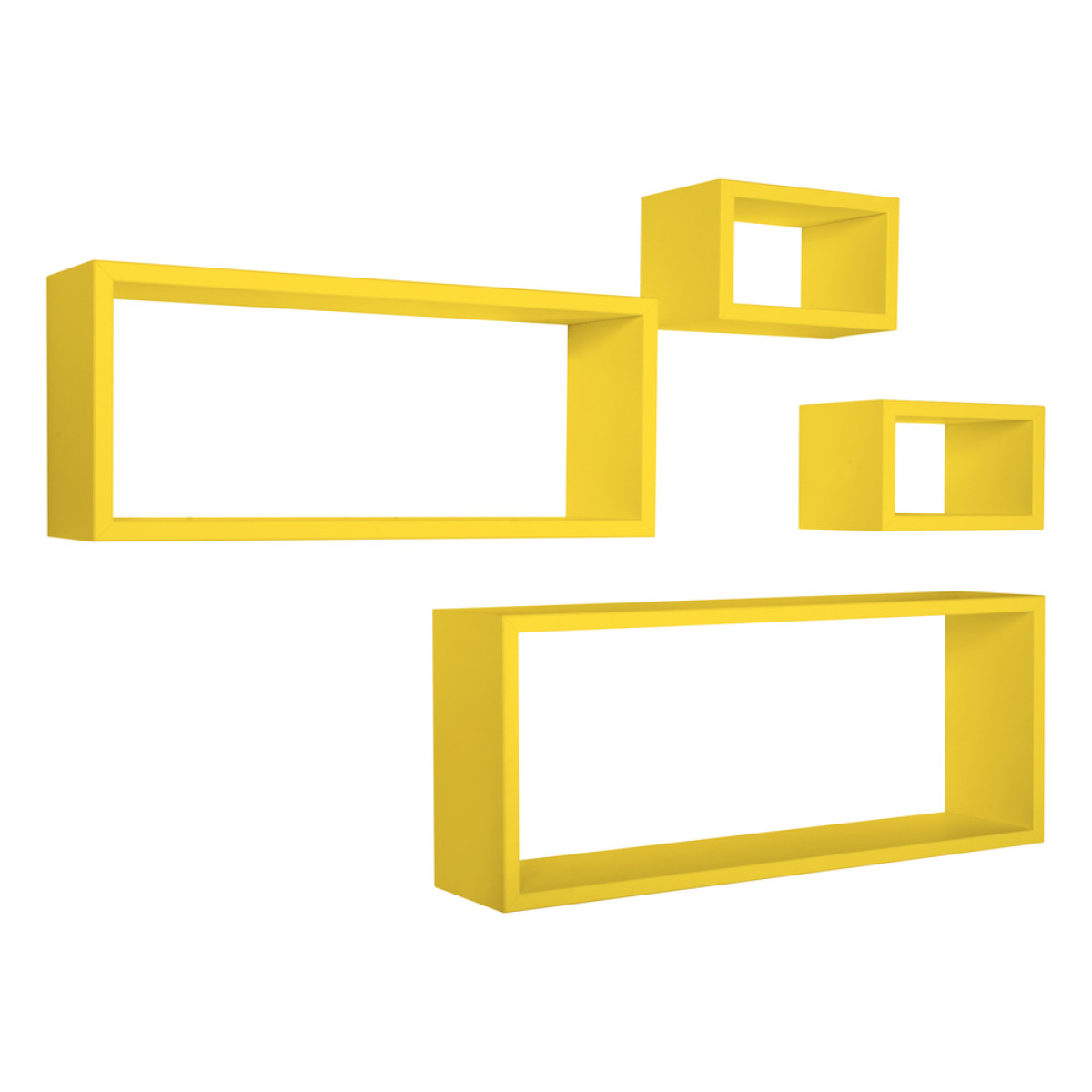 foto del prodotto set 4 mensole da muro modello merlino, pensile bagno, mensola parete, scaffale parete. misure 75x30 p15.5 cm, 60x25 p15.5 cm e 2 da 25x15 p15.5 cm. finitura giallo canarino made in italy