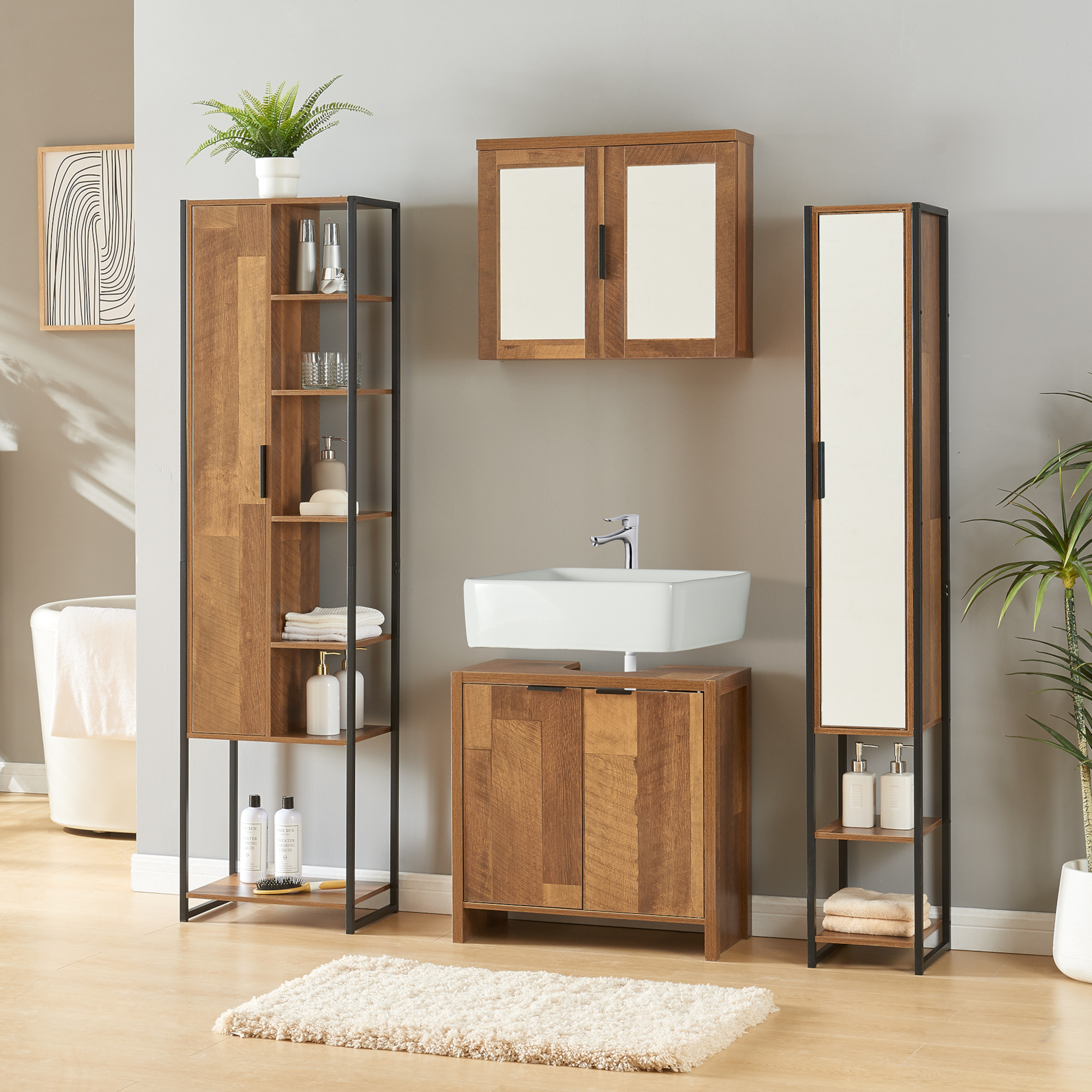 foto del prodotto set 4 mobili da bagno namsskogan in effetto legno intarsiato color noce en.casa 