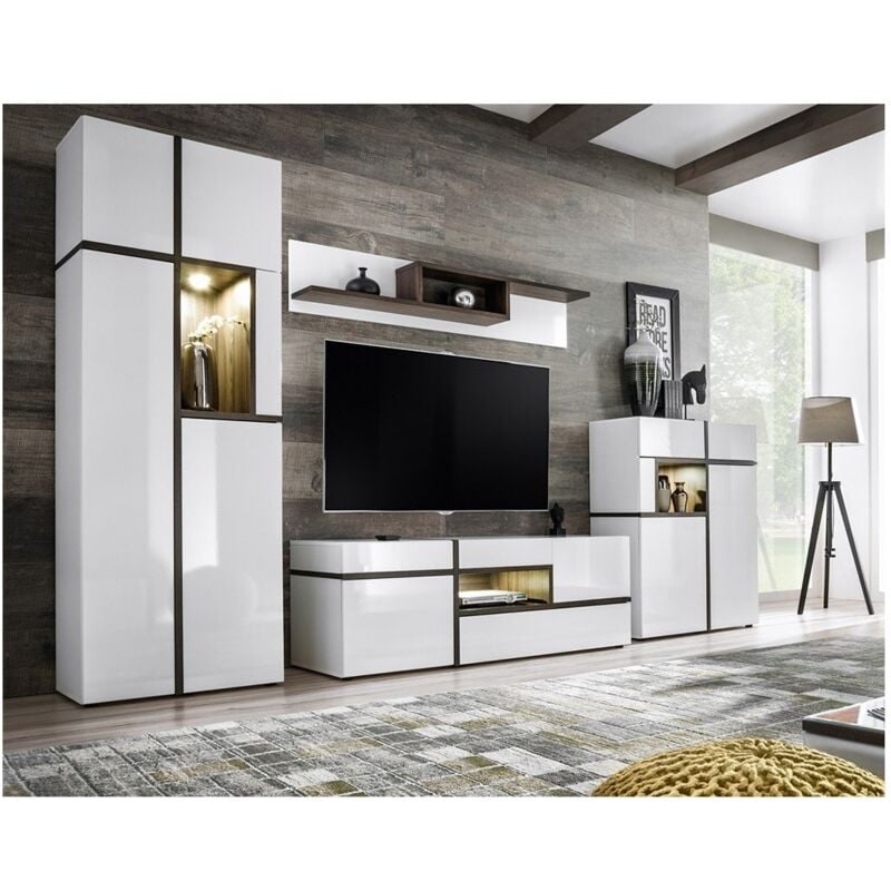 foto del prodotto set 4 mobili da salotto collezione criss con led integrati. colore bianco e finiture in rovere.