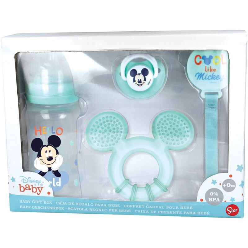 foto del prodotto set 4 pezzi disney mickey mouse per bambini, senza bpa, con biberon, ciuccio, portaciuccio e massaggiagengive, lavabile e riutilizzabile