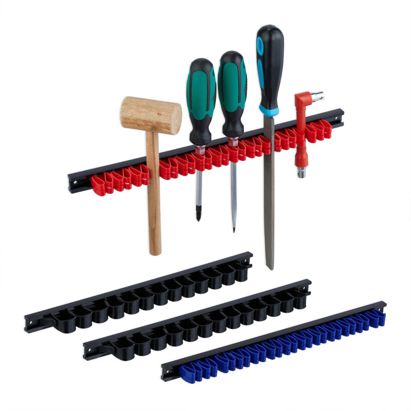 foto del prodotto set 4 porta utensili da parete, portattrezzi da muro ganci doppi per attrezzi e cacciaviti, plastica colorata relaxdays