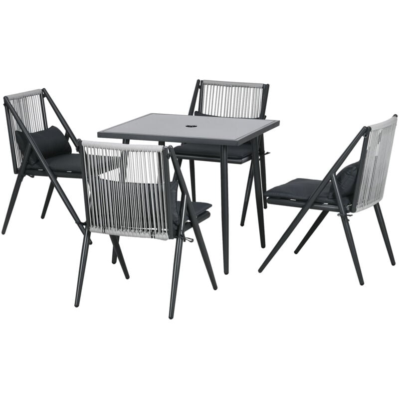 foto del prodotto set 4 sedie da giardino con cuscini e tavolo in vetro quadrato grigio outsunny