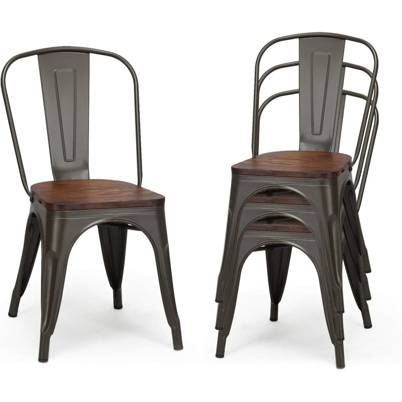 foto del prodotto set 4 sedie da pranzo, sedia con schienale confortevole, struttura metallica e stabile, set sgabelli per ristorante, seduta di olmo, 51x44x85,5 cm