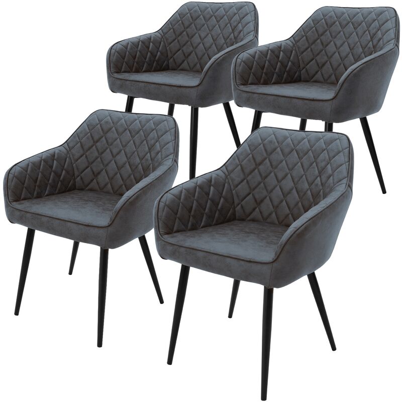 foto del prodotto set 4 sedie da sala da pranzo con braccioli e schienale rivestimento in imitazione di pelle antracite sedia cucina imbottita con gambe in acciaio