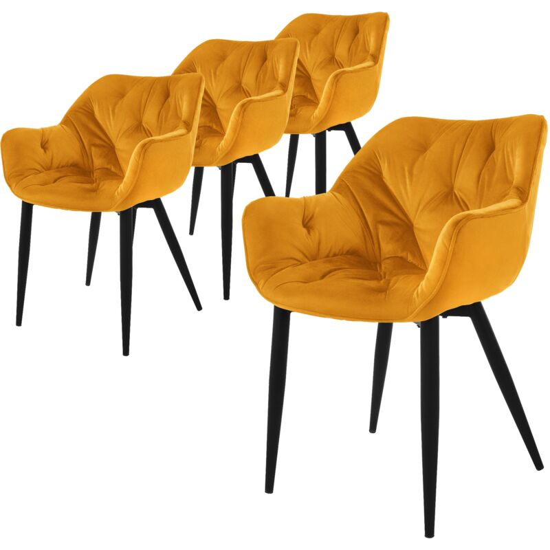 foto del prodotto set 4 sedie per sala da pranzo in velluto giallo senape poltroncine da salotto imbottite con braccioli gambe in metallo poltrone per soggiorno con
