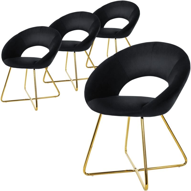foto del prodotto set 4 sedie per sala da pranzo in velluto nero con schienale rotondo poltroncina imbottita da cucina salotto con gambe in metallo oro seduta