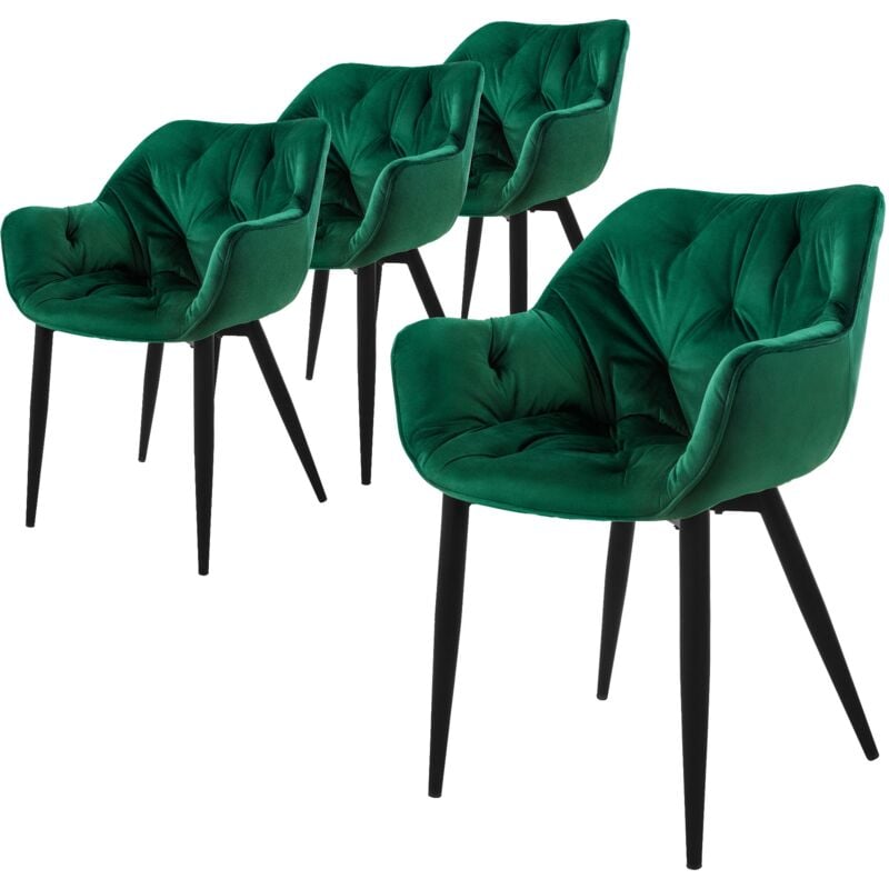 foto del prodotto set 4 sedie per sala da pranzo in velluto verde scuro poltroncine da salotto imbottite con braccioli gambe in metallo poltrone per soggiorno con