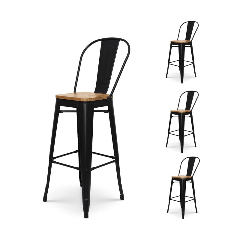 foto del prodotto set 4 sgabelli da bar in metallo nero opaco stile industriale con schienale alto e seduta in legno chiaro altezza 76 cm