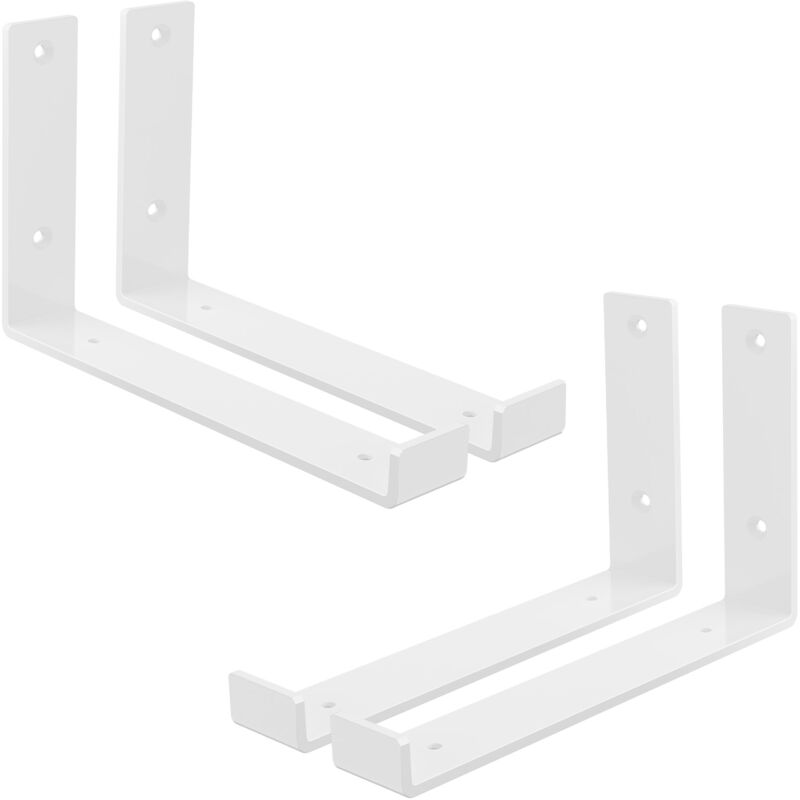 foto del prodotto set 4 staffe per mensole a l in metallo bianco 25 x 4 x 14 cm supporti angolari per ripiani peso massimo 50 kg con materiale di montaggio a parete
