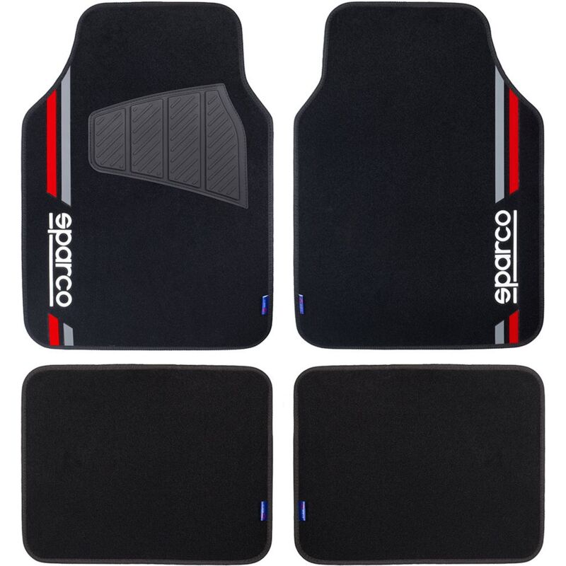 foto del prodotto set 4 tappetini neri e rossi universali 2 anteriori con logo e 2 posteriori per auto sparco