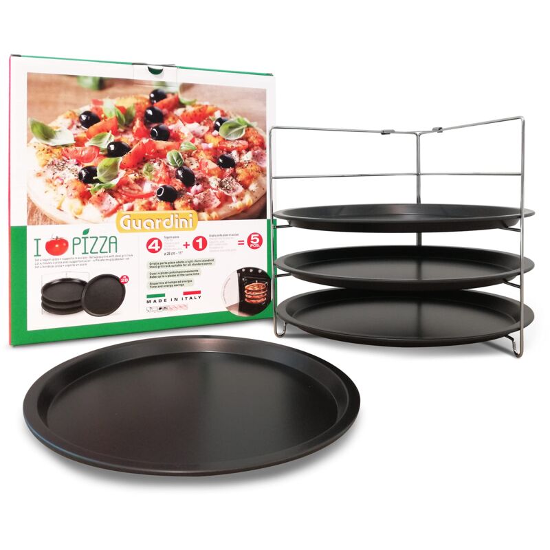 foto del prodotto set 4 tegami pizza 28 cm + 1 griglia porta tegami, acciaio con rivestimento antiaderente, nero, made in italy, linea pizza mania - guardini