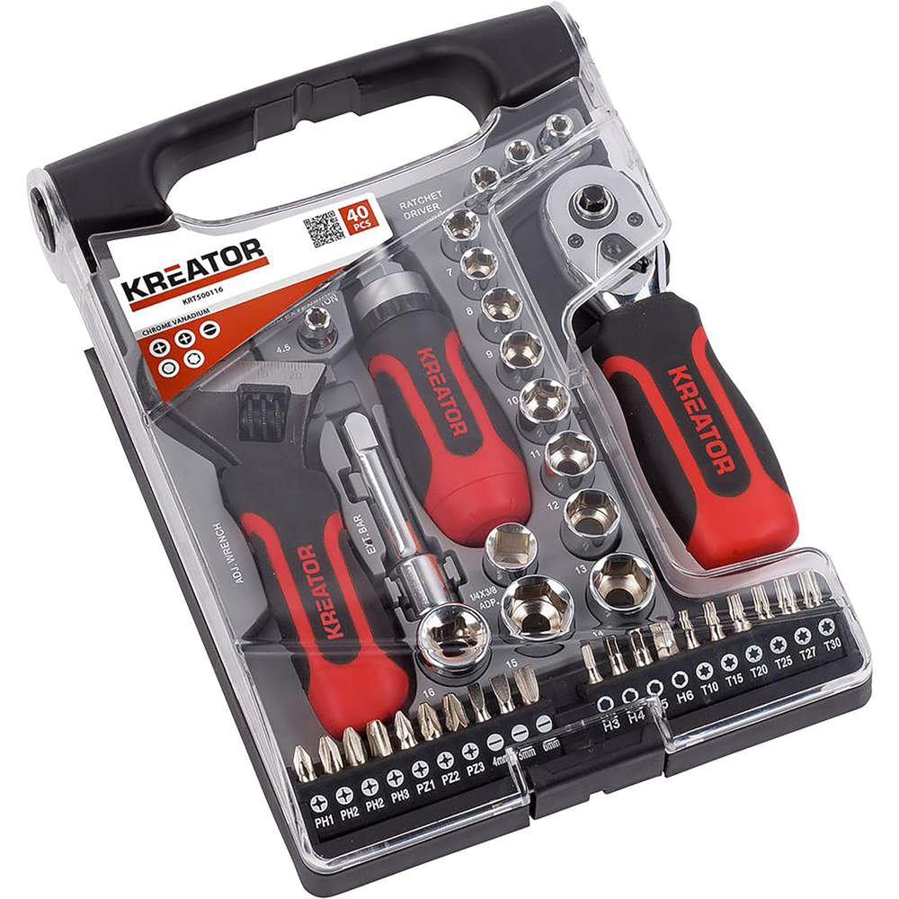 foto del prodotto set 40pz bussole inserti 1 4 - 3 8 chiave a rullino cricchetto cacciavite kreator krt500116