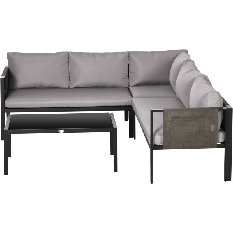 foto del prodotto set 4pz 2 divanetti poltrona angolare e tavolino da caff grigio e nero outsunny