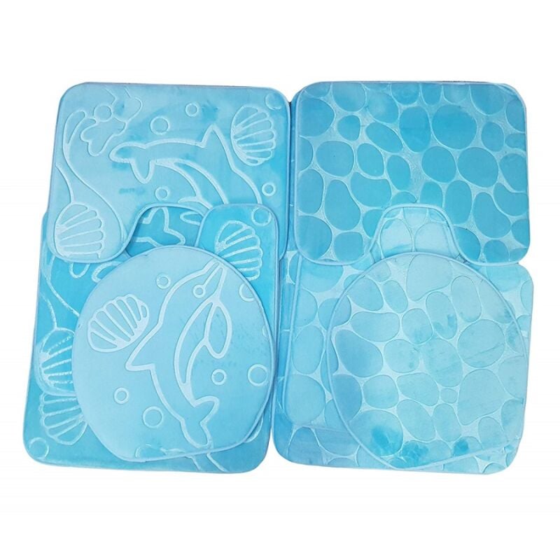 foto del prodotto set 4pz tappeto azzurro bagno wc coprisedile antiscivolo memory foarm delfini sassi trade shop traesio