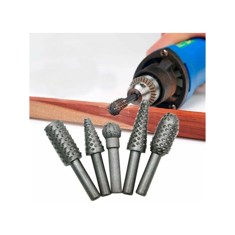 foto del prodotto set 5 punte per mini trapano raspa levigatura modellismo intaglio legno 6mm