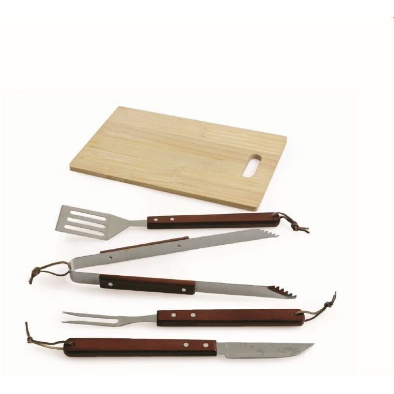 foto del prodotto set 5 utensili da barbecue con tagliere in legno 39x24x1.1