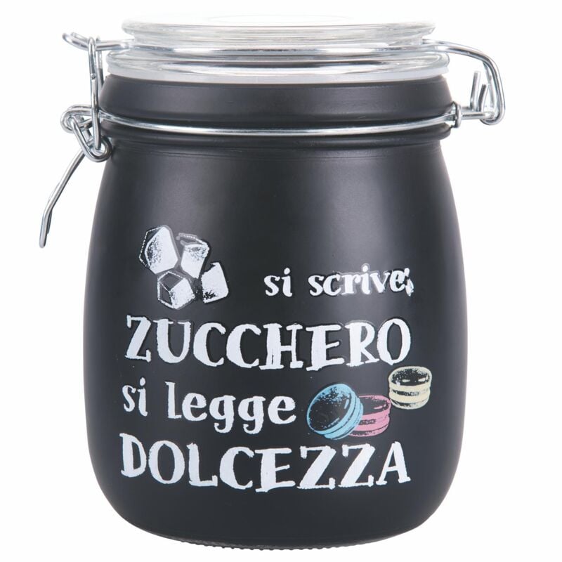 foto del prodotto set 6 barattolo zucchero con scritta si scrive zucchero e si legge dolcezza 800 ml color nero con tappo ermetico