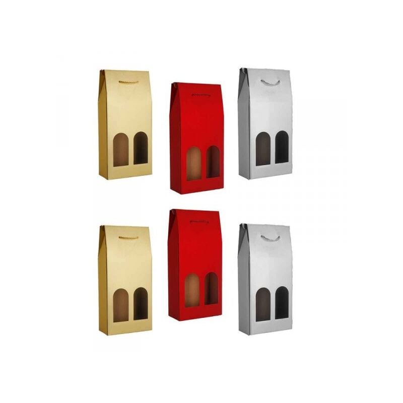 foto del prodotto set 6 borse regalo di natale per vino doppio posto colore oro rosso e argento 18x39x9 cm